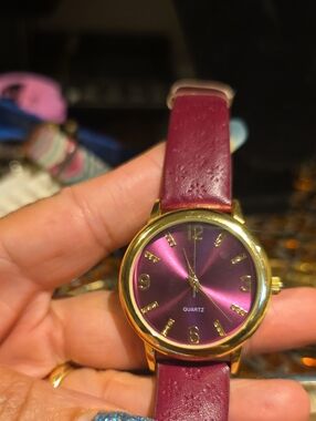Women's Burgundy Leather Strap Gold-Tone Quartz Watch - Unbranded